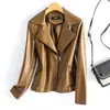 Jaqueta de couro outono veste emagrecedora top curto transfronteiriça europeia e americana jaqueta de lapela feminina motoqueiro slim fit jaqueta de pele de carneiro plus size
