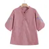 Traje de verano talla extra para madres, top bordado con cuello mao, camiseta de manga corta estilo chino para mujer, camisa fina vintage para mujeres de mediana edad y mayores