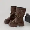 Botas de Cano Curto Versáteis Marrons de Solado Grosso para Mulheres Aumentadoras de Altura Botas Martin 2026 Nova Primavera/Outono Botas Retrô Mescladas de Cano Médio