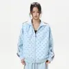 Chaqueta Tejida Jack Chuan Yang Estrella de Principios de Otoño para Mujer, Estilo Retro Americano, Cuello Alto de Pie Suelto de Dos Barras, Chaqueta Deportiva Casual