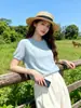 26 Estilo Preguiçoso de Primavera Kangbaolai Caxemira Alto Padrão Seda Caxemira Gola Redonda Suéter Elegante Seda de Amora Manga Curta Top