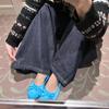 Versão em pele de ovelha ~ Sapatilhas de balé de bico redondo com laço francês sapatos azuis pequenos femininos sapatos baixos vento suave