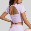 Juyitang Malla de Melocotón Espalda Bonita Manga Corta Alta Elasticidad Almohadilla de Pecho Extraíble Ropa de Yoga Deportiva Running Entrenamiento Ropa de Fitness Mujer