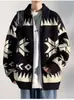 Cárdigan de punto jacquard geométrico retro americano transfronterizo, corte holgado para hombre, otoño/invierno, con cuello de solapa y cremallera, chaqueta suéter casual