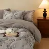 Estilo retrô! Conjunto de quatro peças de algodão 100% escovado com estampa caseira Classe A, capa de edredom de algodão puro, lençol de cima, lençol com elástico, conjunto de cama