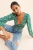 Top Curto Floral Pequeno Transfronteiriço Europeu e Americano Feminino Decote V Profundo Cordão Frontal Manga Longa Bufante Modelador Cropped Camisa Floral