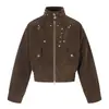 Jaqueta curta estilo high street americana para homens, design com vibe de primavera e outono com zíper metálico de dupla face e gola alta, jaqueta workwear