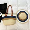Bolso de Mujer Tejido de Paja Transfronterizo, Conjunto de Dos Piezas de Sombrero de Sol Rayado y Bolso para Proteger del Sol en Verano, Bolso Tote de Hombro Esencial para Vacaciones