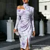 Transfronterizo Nuevo Estampado Digital Casual Personalidad Moda Temperamento Vestido de Manga Larga Hombros Descubiertos Falda Primavera y Otoño Mujer