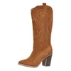 Botas de Caballero para Mujer 2025 Otoño Nueva Llegada Punta Fina Tacón Medio Caña Alta Bordado Retro Terciopelo Escarchado Botas de Vaquero Occidentales
