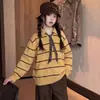 Ropa de Otoño para Niñas Conjunto de Suéter Rayado 2026 Nuevo Estilo Coreano Niña Grande Top de Punto Pantalones de Pierna Ancha Conjunto de Dos Piezas
