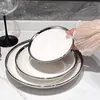 Plato de Cena Occidental de Cerámica con Borde Plateado, Plato Redondo, Plato para el Hogar, Plato para Filete, Plato para Pasta, Plato Bajo, Plato Plano, Vajilla de Lujo Accesible de Gama Alta