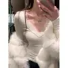 Camiseta Base Sexy de Encaje con Escote en V Estilo Puro Deseo para Mujer, Nueva Camiseta de Manga Larga Ajustada de Otoño