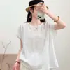 2026 Verano Nuevo Algodón Lino Patchwork Encaje Bordado Ribete de Encaje Suéter Camisa Transpirable Artístico Manga Corta Encaje