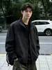 Chaqueta bomber morada de retazos deconstruida con cuello alto para hombre otoño boxy corta ancha hombro normal chaqueta de béisbol chaqueta corta americana