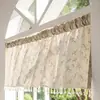 Cortina curta de algodão e linho com estampa de flor de gardênia e franjas, cor de café, semi-transparente, para varão, cortina pronta