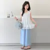 Roupas Infantis, Conjuntos de Verão para Meninas, Novos Coletes Ruffle da Moda para Meninas em Tencel, Roupas de Verão para Crianças, Calças Wide-Leg para Meninas