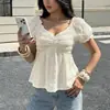 2026 Nuevo Estilo Estilo Suave Color Puro Cuello en V Jacquard Plisado Manga Abullonada Blusa Camisa de Manga Corta Transfronteriza Amazon para Mujer