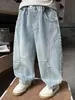 Calça infantil, nova coleção primavera/outono 2026, calça jeans legal e estilosa estilo coreano para meninos, calça longa reta da moda para bebês meninos