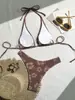 Biquíni sexy floral de amarrar no pescoço marrom retrô com cadarço maiô de três peças dividido roupa de banho para férias na praia