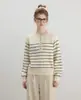Design único, suéter de tricô listrado com botões para mulheres, novo estilo outono/inverno, caimento solto, efeito emagrecedor, casual e versátil, gola redonda