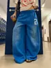 Calça larga versátil vintage transfronteiriça europeia e americana para homens e mulheres, caimento solto, calça casual fluida com cordão e bainha curva degradê, calça de moletom