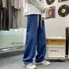 Jeans masculinos casuais de perna larga, perna reta solta, cintura elástica com cordão cruzado, tendência, comprimento do chão