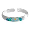 Pulseira de Prata Esterlina 9999 com Esmalte Antigo Esculpido Coração de Lótus Sutra do Coração Pulseira Aberta Simples e Versátil para Mulheres