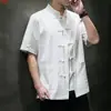 Camisa de lino de manga corta para hombre, estilo chino, de verano, de algodón y lino, de media manga, con hebilla vintage, abrigo estilo Tang, top holgado de talla grande