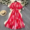 Vestido Chemise com Mangas Bufantes para Mulheres, Verão, Cintura com Amarração, Estampado, Saia Longa com Barra Larga, Artístico, Retrô, Elegante