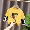 Camiseta de Algodão Manga Longa Infantil 2025 Novo Estilo Outono para Bebês Meninos Casual Fina Falsa Duas Peças