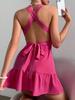 Vestido de verano sexy con cuello en V, estilo europeo y americano, de Amazon, nuevo, de cintura alta, con falda acampanada sin espalda para mujer
