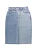 Py1047 Nova Saia Jeans Degradê, Saia de Cintura Alta Midi com Design de Fenda, Saia Versátil com Franjas que Molda o Corpo