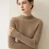 Camiseta básica 100% cachemira pura, nuevo estilo otoño e invierno, cuello semi-alto, corte ajustado, suéter de punto acanalado para mujer