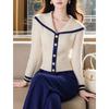 Cárdigan de Punto de Manga Larga con Cuello Marino a Juego de Colores Blanco Azul Estilo Perezoso de Moda para Mujer Otoño e Invierno Combinable Bonito Camisa que Reduce la Edad