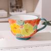 Taza de cerámica pura pintada a mano en relieve, hermosa taza de desayuno de gran capacidad para el hogar, taza de té de flores de aspecto alto, taza de avena con leche.