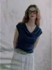 Camiseta de punto azul de manga corta con cuello de volantes para mujer, estilo francés de verano, única y chic, corte ajustado, longitud corta, juego de 1/4 de pulgada