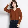 Suéter de gola V cruzada outono e inverno malha nova moda outono top de cintura alta top de base feminino