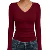 Camiseta de manga larga para mujer, de color liso, casual, básica, con cuello en V, fina, de venta caliente en Aliexpress, importada, estilo Shein, corte ajustado