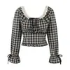 Ropa Femenina Transfronteriza Marca Z Rosa Cuadros Retro Corbata de Moño Encaje Cuello Cuadrado Ceñidor de Cintura Adelgazante Manga Larga Camisa de Algodón