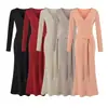 Vestido elegante de manga comprida com decote V e amarração frontal, estilo francês, para mulheres, coleção de outono, caimento justo, bodycon, barra em cauda de peixe, vestido longo