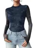 Blusa de Malla Floral para Mujer con Mangas Largas, Camisa Transparente para Salir, Cuello Alto, Atuendo Transparente para Fiesta, Estampado XS-XXL