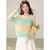 Blusa de Tricô Vazada Colorida em Degradê Redutora de Idade HaveSweet para Mulheres Solta Estilosa de Tricô Fino
