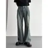 Jeans plissado minimalista retrô americano para homens, lavado e desgastado, calça reta larga solta com caimento fluido