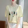 Verão Novo Estilo Tricô Manga Curta Feminino Quatro Meninas Bordado Bambu Linho Gola Redonda Top Camiseta Ombro Direito Casual Meia-Manga Atacado