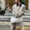 Traje Retro Americano Chica Caliente Chaqueta Corta con Solapa Chaqueta Holgada Falda Plisada de Doble Capa Falda de Cintura Alta Conjunto de Dos Piezas