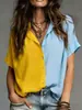 Camisa de Manga Curta Color Block Estilo Europeu e Americano Nova para Verão 2025 para Mulheres, Top Casual Soltinho com Lapela, Tendência de Moda Transfronteiriça