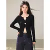 Blusa de malha preta com gola e mangas compridas para mulheres, super estilosa para o início do outono, corte justo, cor lisa