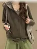 Cárdigan con Capucha Estilo Coreano Cepillado con Doble Cremallera para Mujer Primavera/Otoño Holgado de Manga Larga Chaqueta Casual Versátil Estilo Perezoso Superior
