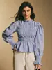 Design Casual Francês, Bordas Franzidas, Blusa Listrada Versátil, Mangas Bufantes, Camisa Elegante Retro de Corte Justo